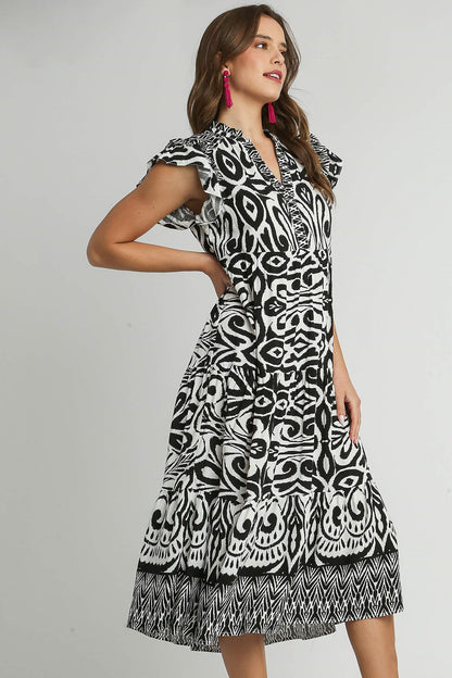 Umgee Full Size Two Tone Border Print Ruffle Cap Sleeve Midi Dress Plus Size Casual Dresses