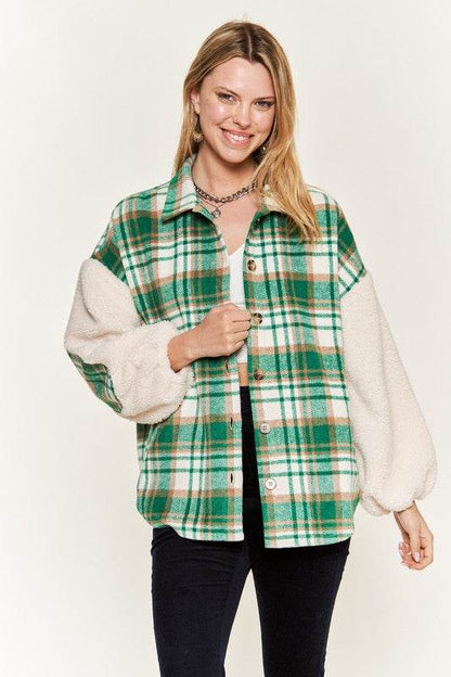 Multi plaid fuzzy sleeve jacket JJO1023 - Shop Style & More | Fresh Looks, Everyday Deals & Free Shipping
