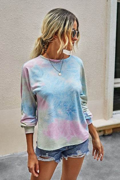 Round Neck Tie Dye Open Back Loose Sweatshirt - Shop Style & More | Fresh Looks, Everyday Deals & Free Shipping