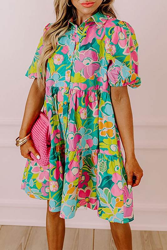 Women Floral Puff Sleeve Buttoned Babydoll Dress - Shop Style & More | Fresh Looks, Everyday Deals & Free Shipping