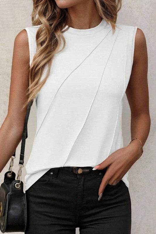 Women White Crew Neck Pleated Tank Top - Shop Style & More | Fresh Looks, Everyday Deals & Free Shipping