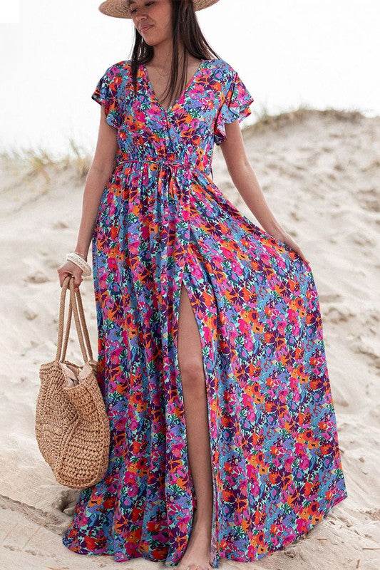 Women Floral Print V Neck Wrap Split Maxi Dress - Shop Style & More | Fresh Looks, Everyday Deals & Free Shipping