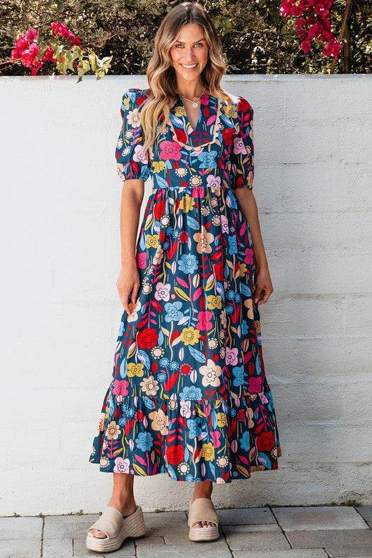 Women Retro Floral Printed Split Neck Maxi Dress - Shop Style & More | Fresh Looks, Everyday Deals & Free Shipping
