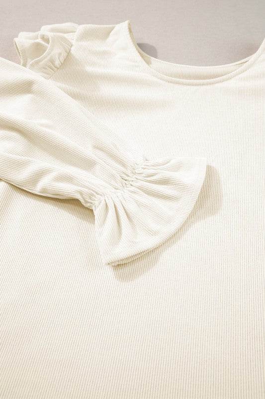 Corduroy Round Neck Ruffled Flounce Sleeve Blouse - Shop Style & More | Fresh Looks, Everyday Deals & Free Shipping