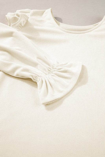 Corduroy Round Neck Ruffled Flounce Sleeve Blouse - Shop Style & More | Fresh Looks, Everyday Deals & Free Shipping