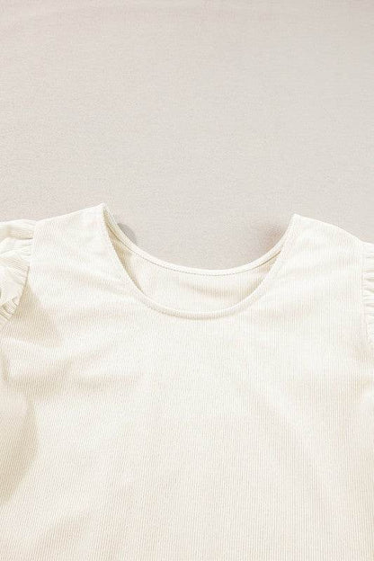 Corduroy Round Neck Ruffled Flounce Sleeve Blouse - Shop Style & More | Fresh Looks, Everyday Deals & Free Shipping