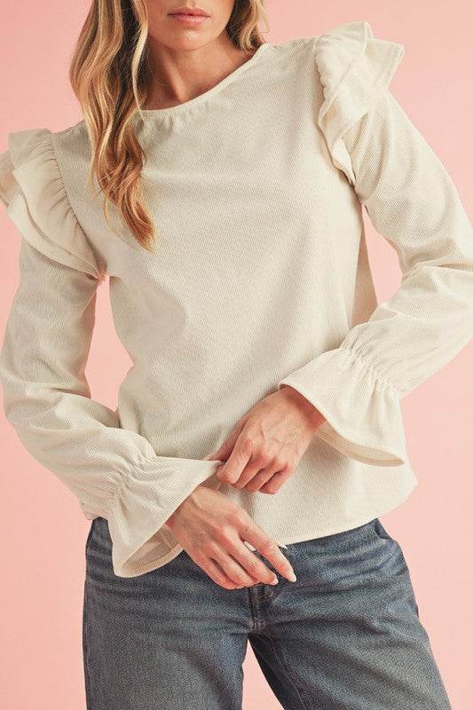 Corduroy Round Neck Ruffled Flounce Sleeve Blouse - Shop Style & More | Fresh Looks, Everyday Deals & Free Shipping