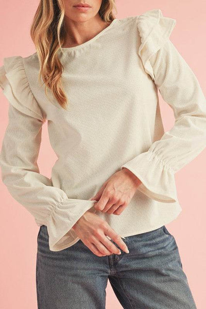 Corduroy Round Neck Ruffled Flounce Sleeve Blouse - Shop Style & More | Fresh Looks, Everyday Deals & Free Shipping