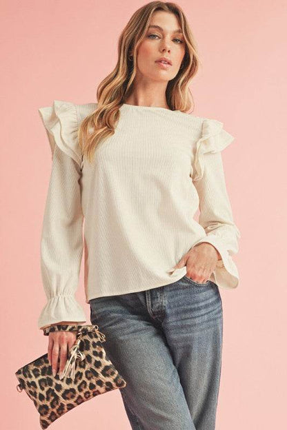 Corduroy Round Neck Ruffled Flounce Sleeve Blouse - Shop Style & More | Fresh Looks, Everyday Deals & Free Shipping