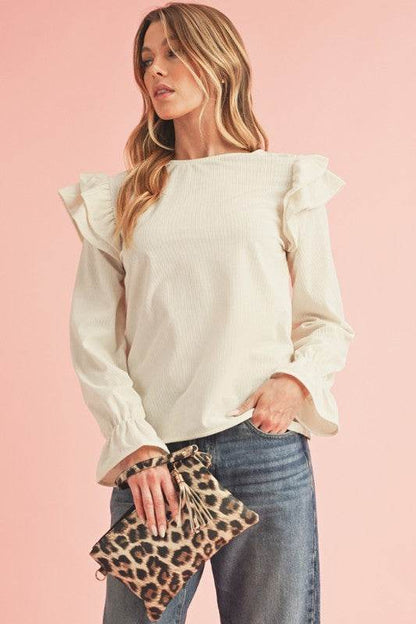 Corduroy Round Neck Ruffled Flounce Sleeve Blouse - Shop Style & More | Fresh Looks, Everyday Deals & Free Shipping