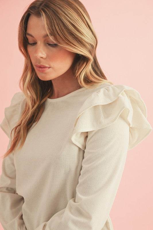 Corduroy Round Neck Ruffled Flounce Sleeve Blouse - Shop Style & More | Fresh Looks, Everyday Deals & Free Shipping
