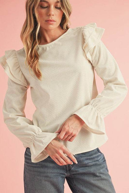 Corduroy Round Neck Ruffled Flounce Sleeve Blouse - Shop Style & More | Fresh Looks, Everyday Deals & Free Shipping