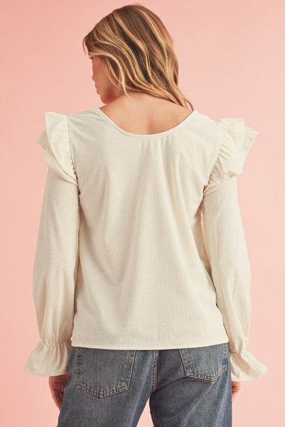 Corduroy Round Neck Ruffled Flounce Sleeve Blouse - Shop Style & More | Fresh Looks, Everyday Deals & Free Shipping