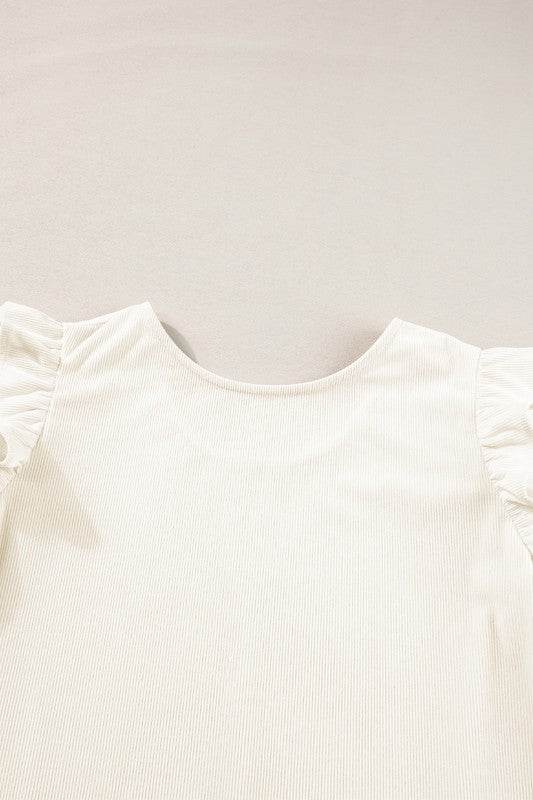 Corduroy Round Neck Ruffled Flounce Sleeve Blouse - Shop Style & More | Fresh Looks, Everyday Deals & Free Shipping