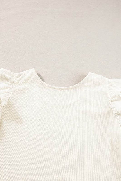 Corduroy Round Neck Ruffled Flounce Sleeve Blouse - Shop Style & More | Fresh Looks, Everyday Deals & Free Shipping
