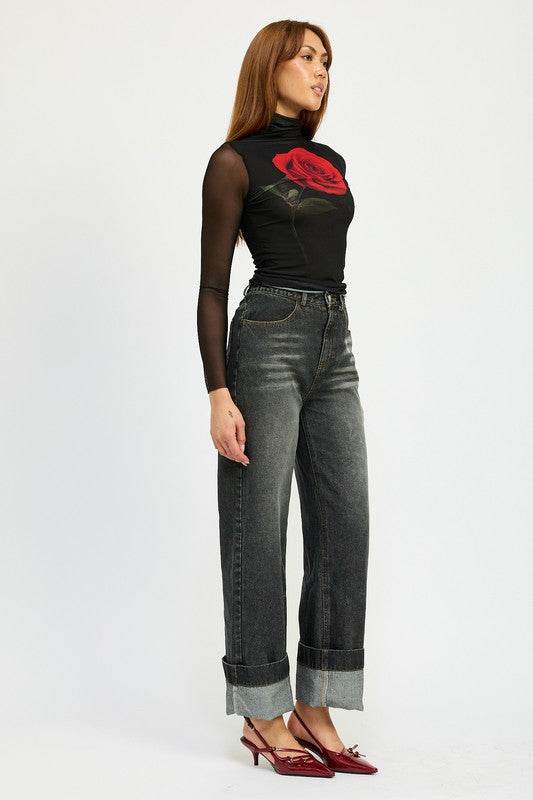 WASHED DENIM PANTS WITH FOLD OVER DETAIL - Shop Style & More | Fresh Looks, Everyday Deals & Free Shipping