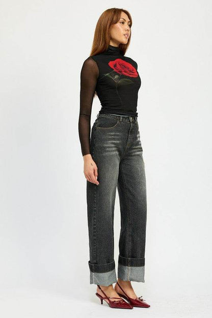 WASHED DENIM PANTS WITH FOLD OVER DETAIL - Shop Style & More | Fresh Looks, Everyday Deals & Free Shipping