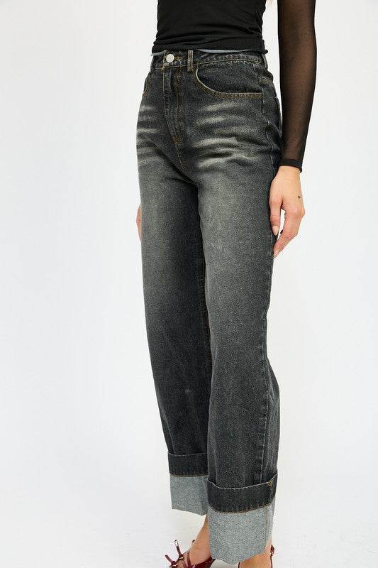 WASHED DENIM PANTS WITH FOLD OVER DETAIL - Shop Style & More | Fresh Looks, Everyday Deals & Free Shipping