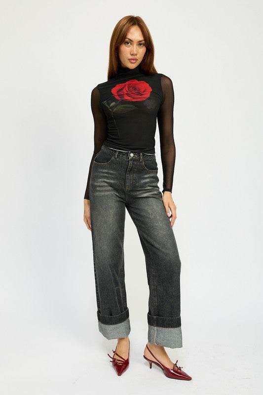 WASHED DENIM PANTS WITH FOLD OVER DETAIL - Shop Style & More | Fresh Looks, Everyday Deals & Free Shipping