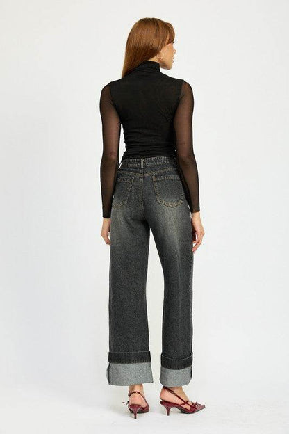 WASHED DENIM PANTS WITH FOLD OVER DETAIL - Shop Style & More | Fresh Looks, Everyday Deals & Free Shipping