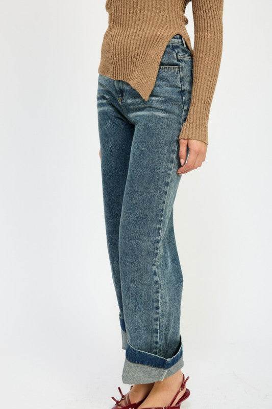 WASHED DENIM PANTS WITH FOLD OVER DETAIL - Shop Style & More | Fresh Looks, Everyday Deals & Free Shipping
