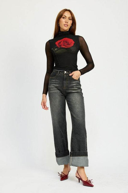 WASHED DENIM PANTS WITH FOLD OVER DETAIL - Shop Style & More | Fresh Looks, Everyday Deals & Free Shipping