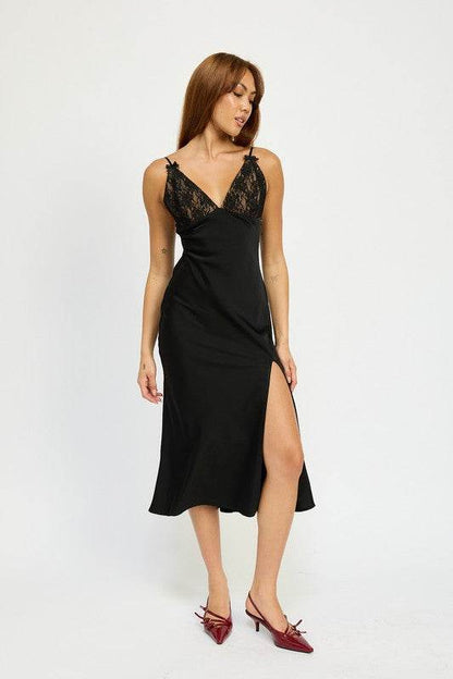 SATIN LACE CAMI MIDI DRESS WITH SLIT - Shop Style & More | Fresh Looks, Everyday Deals & Free Shipping
