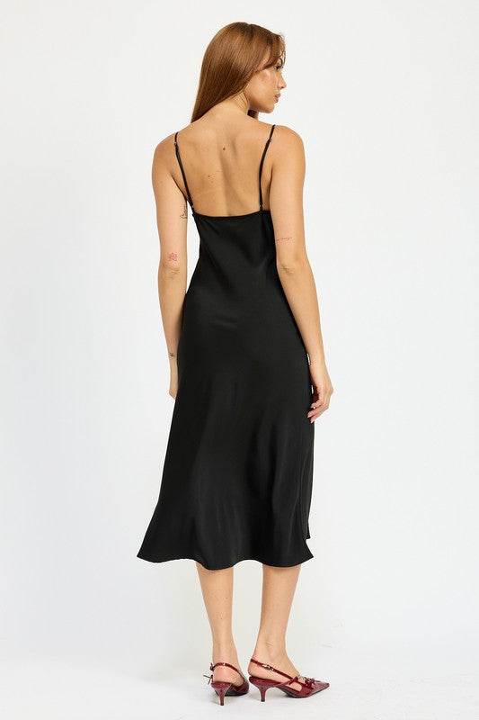 SATIN LACE CAMI MIDI DRESS WITH SLIT - Shop Style & More | Fresh Looks, Everyday Deals & Free Shipping
