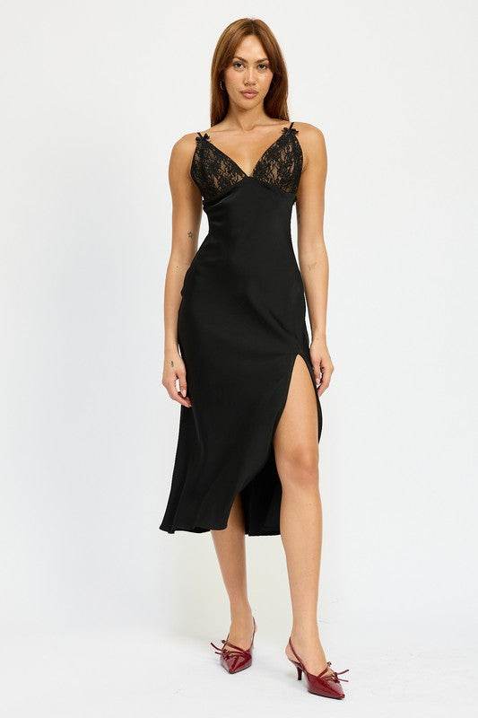 SATIN LACE CAMI MIDI DRESS WITH SLIT - Shop Style & More | Fresh Looks, Everyday Deals & Free Shipping