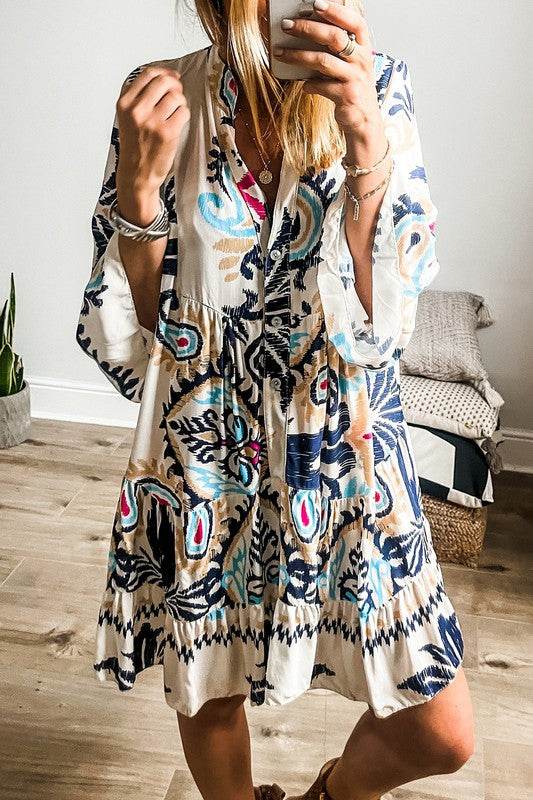 Women Print Bracelet Sleeve Buttoned Mini Dress - Shop Style & More | Fresh Looks, Everyday Deals & Free Shipping