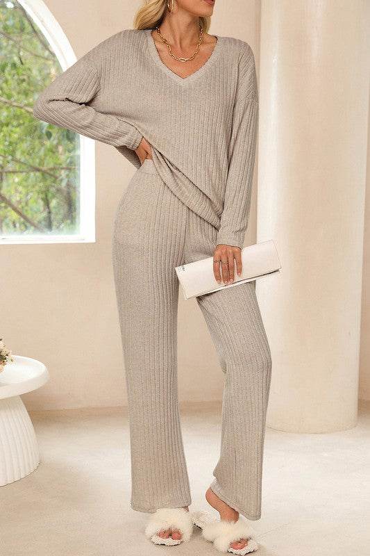 Women Ribbed Knit V Neck Slouchy Two-piece Outfit - Shop Style & More | Fresh Looks, Everyday Deals & Free Shipping