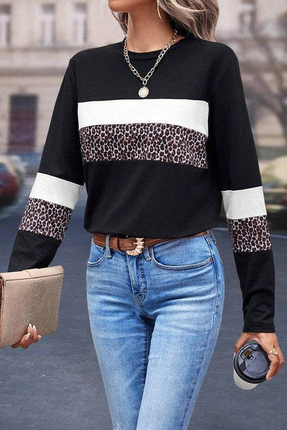 Leopard Colorblock Patchwork Crew Neck Top - Shop Style & More | Fresh Looks, Everyday Deals & Free Shipping