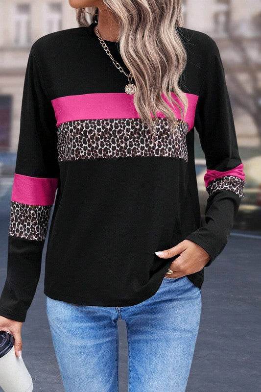 Leopard Colorblock Patchwork Crew Neck Top - Shop Style & More | Fresh Looks, Everyday Deals & Free Shipping