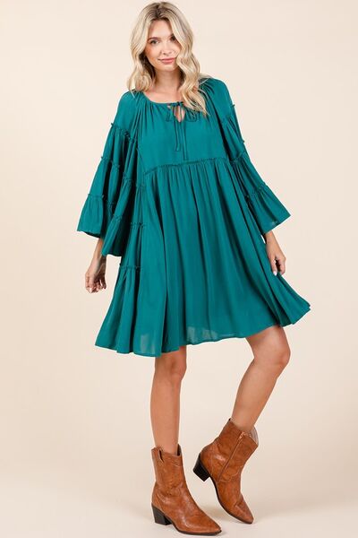 Mittoshop Frill Tie Neck Bell Sleeve Dress Casual Dresses