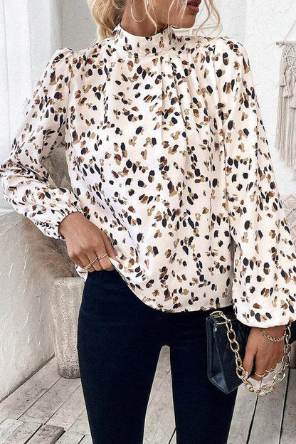 Leopard Print Puff Sleeve Mock Neck Pleated Blouse - Shop Style & More | Fresh Looks, Everyday Deals & Free Shipping