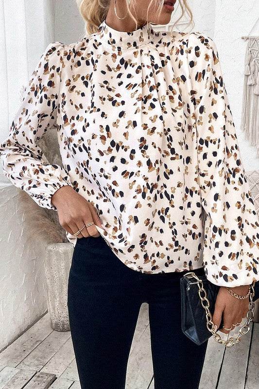 Leopard Print Puff Sleeve Mock Neck Pleated Blouse - Shop Style & More | Fresh Looks, Everyday Deals & Free Shipping