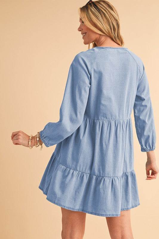 Puff Sleeve Tiered Ruffled Chambray Mini Dress - Shop Style & More | Fresh Looks, Everyday Deals & Free Shipping