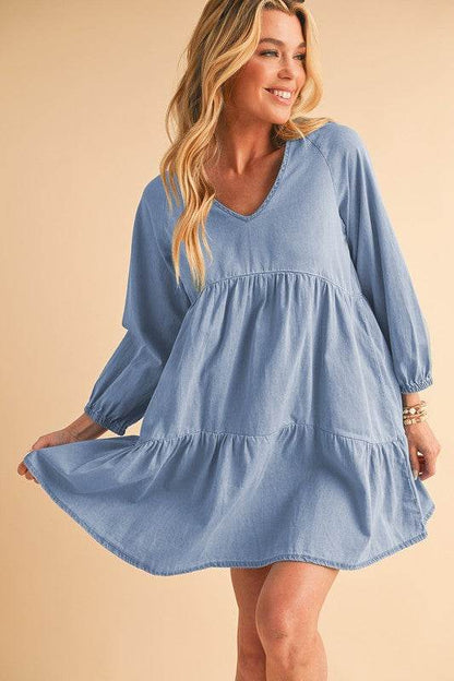 Puff Sleeve Tiered Ruffled Chambray Mini Dress - Shop Style & More | Fresh Looks, Everyday Deals & Free Shipping