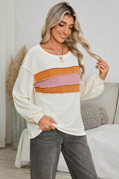 Corded Exposed Seam Patchwork Drop Sleeve Top - Shop Style & More | Fresh Looks, Everyday Deals & Free Shipping