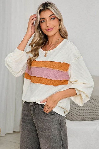 Corded Exposed Seam Patchwork Drop Sleeve Top - Shop Style & More | Fresh Looks, Everyday Deals & Free Shipping