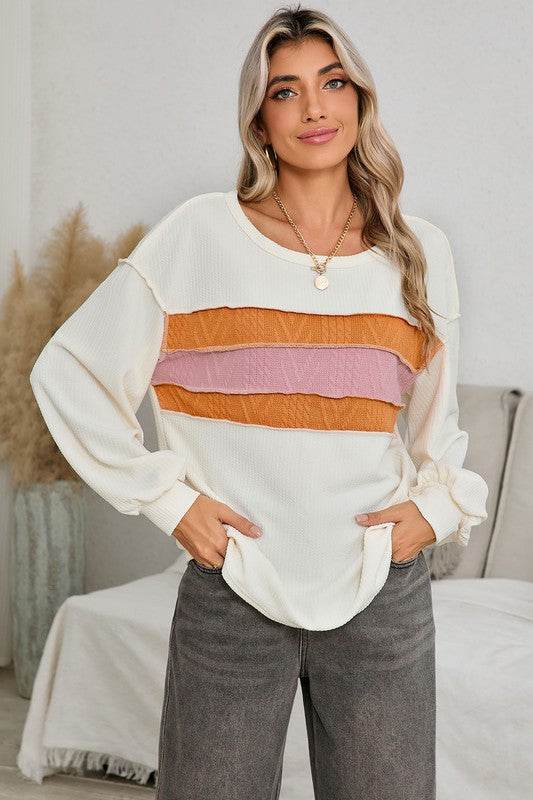 Corded Exposed Seam Patchwork Drop Sleeve Top - Shop Style & More | Fresh Looks, Everyday Deals & Free Shipping