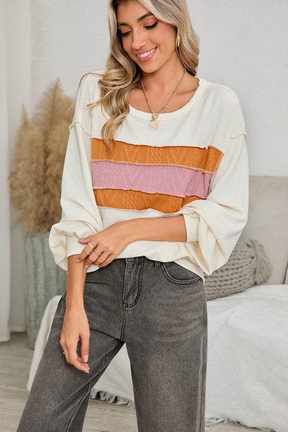 Corded Exposed Seam Patchwork Drop Sleeve Top - Shop Style & More | Fresh Looks, Everyday Deals & Free Shipping