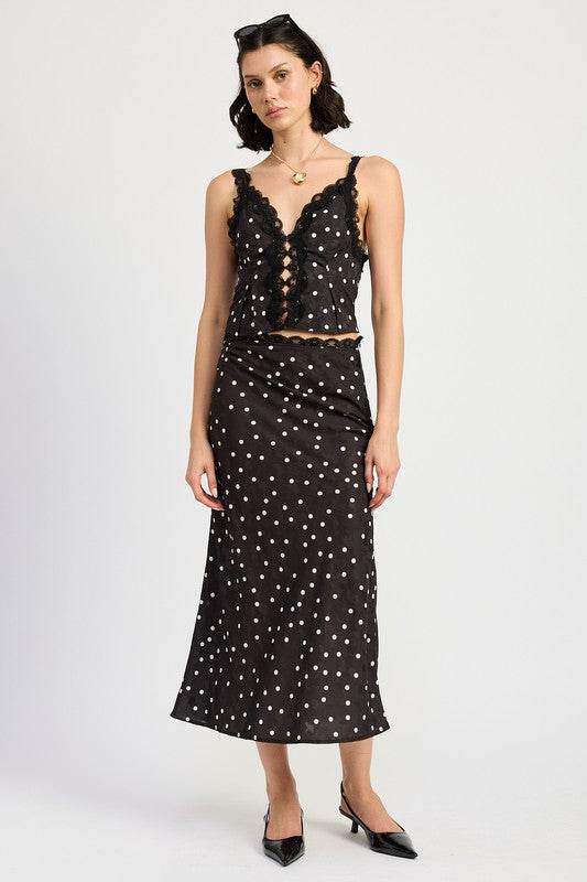 SATIN MIDI SKIRT WITH LACE TRIM - Shop Style & More | Fresh Looks, Everyday Deals & Free Shipping
