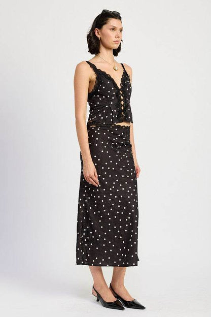 SATIN MIDI SKIRT WITH LACE TRIM - Shop Style & More | Fresh Looks, Everyday Deals & Free Shipping