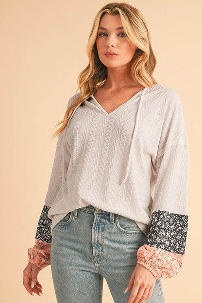 Floral Patchwork Textured Drawstring V Neck Top - Shop Style & More | Fresh Looks, Everyday Deals & Free Shipping