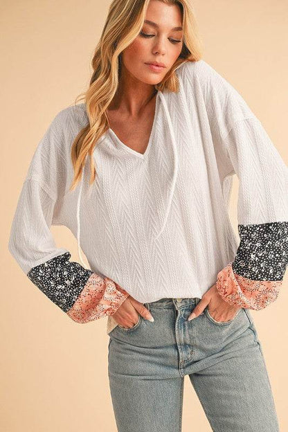 Floral Patchwork Textured Drawstring V Neck Top - Shop Style & More | Fresh Looks, Everyday Deals & Free Shipping