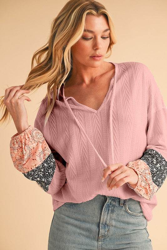Floral Patchwork Textured Drawstring V Neck Top - Shop Style & More | Fresh Looks, Everyday Deals & Free Shipping