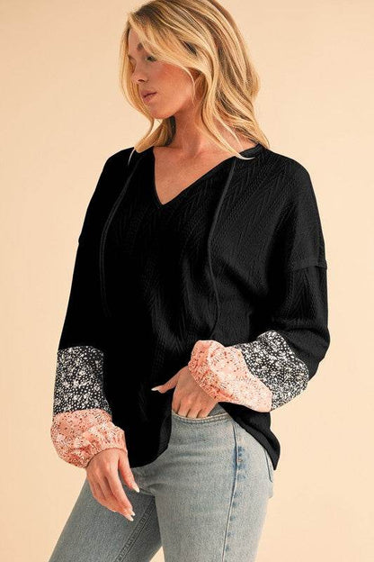 Floral Patchwork Textured Drawstring V Neck Top - Shop Style & More | Fresh Looks, Everyday Deals & Free Shipping