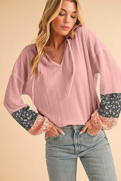 Floral Patchwork Textured Drawstring V Neck Top - Shop Style & More | Fresh Looks, Everyday Deals & Free Shipping