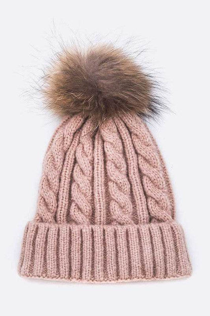 Genuine Fur Pom Cable Knit Soft Beanie - Shop Style & More | Fresh Looks, Everyday Deals & Free Shipping